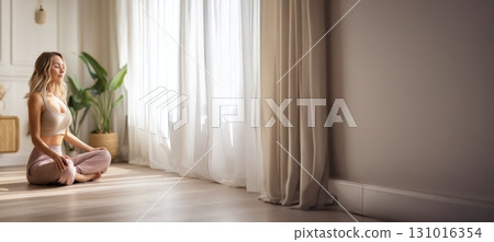 Experience the serene and calming embrace of meditation in the beautiful natural light 131016354