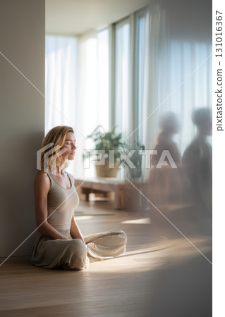 Enjoying a Serene Meditation Experience in a Beautifully Tranquil Space with Natural Light 131016367