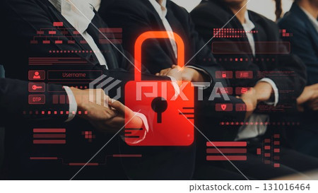 Business Meeting with Security Concept Featuring Digital Lock Illustration, Focus on Professionalism, Protection, and Data Privacy in Corporate Environment. Raster 131016464