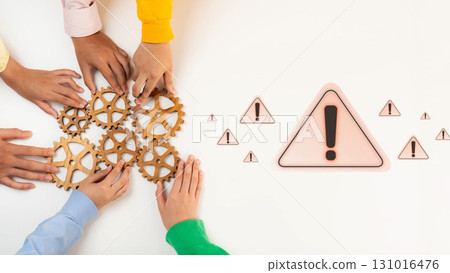 Collaborative Effort in Problem Solving with Gears and Warning Signs Illustrating Teamwork and Caution in Business Environment. Raster Collaborative Effort in Problem Solving with Gears and Warning Signs Illustrating Teamwork and Caution in Business Environment. Raster 131016476