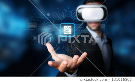 Innovative Virtual Reality Experience with Circuitry and Technology Elements Interacting in a Futuristic Setting. Raster Innovative Virtual Reality Experience with Circuitry and Technology Elements Interacting in a Futuristic Setting. Raster 131016503