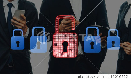 Business Professionals with Mobile Devices Engaged in Cybersecurity Concepts Featuring Digital Lock Icons Representing Data Protection and Security Measures. Raster 131016522