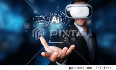 Innovative Virtual Reality Experience with Artificial Intelligence Concept Displayed by a Businessman in a Professional Environment. Raster 131016640