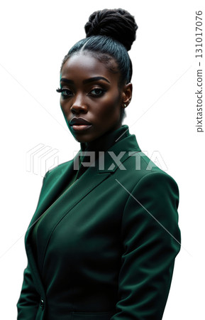 A powerful Black female CEO in a sleek dark green suit, standing confidently in front of glowing holographic financial projections 131017076