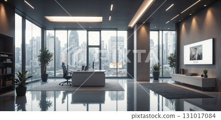 Tech office with a minimalist desk, ergonomic chair, and sleek lighting. Add a digital presentation board for collaborative sessions 131017084