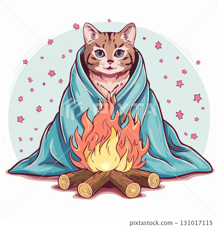 A cat wrapped in a blanket and warming itself by a bonfire 131017115