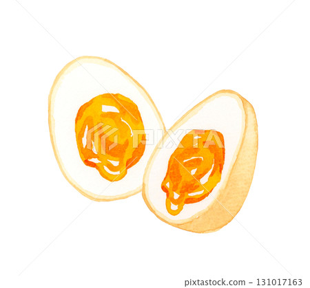 Half-cooked boiled egg (seasoned egg) cut in half. Hand-drawn watercolor illustration of egg dishes. 131017163