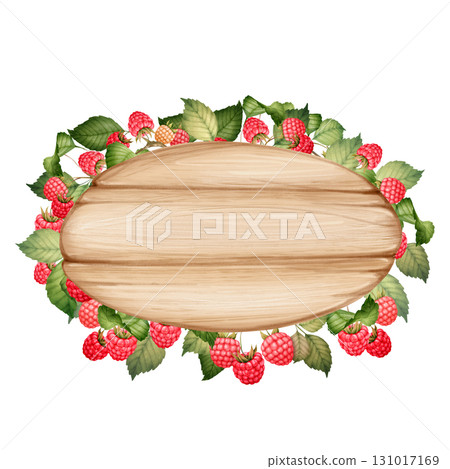 Hand-drawn illustration of rustic wooden sign surrounded by raspberries and green leaves. 131017169
