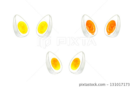 A set of boiled eggs cut in half. Hand-drawn watercolor illustration of egg dishes. 131017173