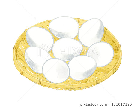 White eggs on a bamboo strainer. Hand-drawn watercolor illustration of egg dishes. 131017180