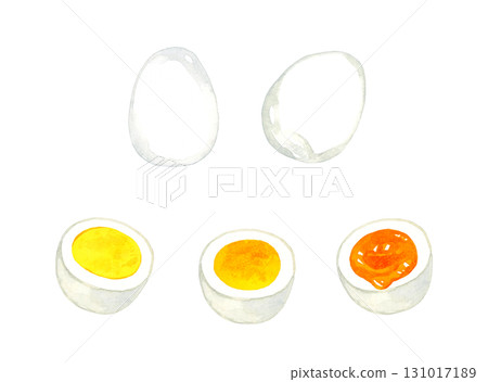 A set of boiled eggs cut in half. Hand-drawn watercolor illustration of egg dishes. 131017189