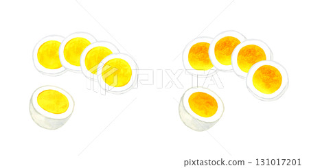 A set of sliced boiled eggs. Hand-drawn watercolor illustration of egg dishes. A set of sliced boiled eggs. Hand-drawn watercolor illustration of egg dishes. 131017201