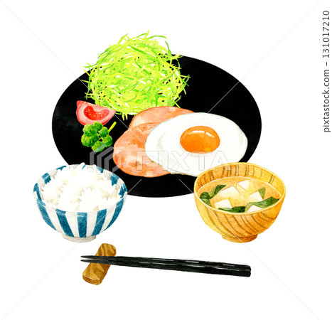 Ham and eggs (fried egg), rice, and miso soup set. Hand-drawn watercolor illustration of egg dishes. 131017210