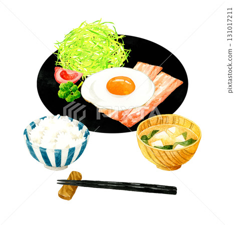 培根蛋（蛋餅）、米飯、味噌湯套餐。手繪水彩畫，描繪蛋料理。 131017211