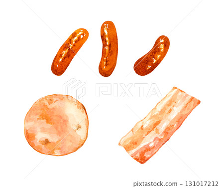 一套烤香腸、火腿和培根。手繪水彩插圖。 131017212