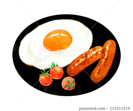 Fried egg, sausage, and cherry tomatoes on a plate. Hand-drawn watercolor illustration of egg dishes. 131017214