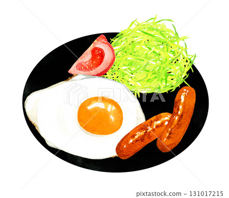 盤子裡盛著煎蛋、香腸和蔬菜。手繪水彩畫,描繪蛋料理。 盤子裡盛著煎蛋、香腸和蔬菜。手繪水彩畫,描繪蛋料理。 131017215