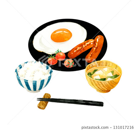A set of fried eggs, side dishes, rice, and miso soup. Hand-drawn watercolor illustration of egg dishes. A set of fried eggs, side dishes, rice, and miso soup. Hand-drawn watercolor illustration of egg dishes. 131017216