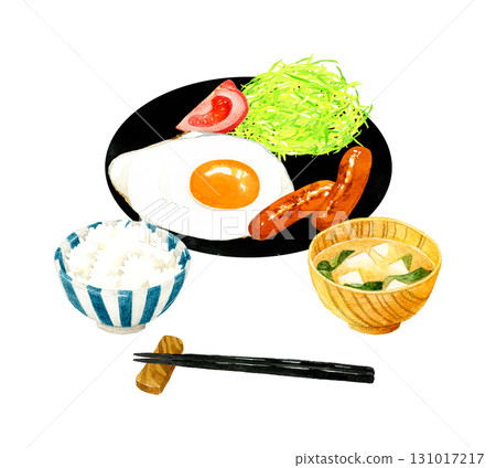 以煎蛋為中心的米飯、味噌湯和小菜的套餐。手繪水彩畫，描繪了雞蛋料理。 131017217
