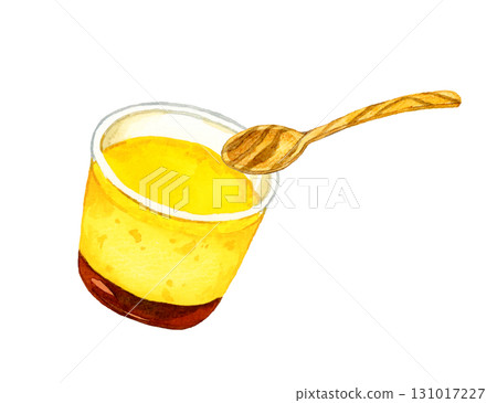 A set of pudding in a cup and a spoon. Hand-drawn watercolor illustration of egg dishes. 131017227