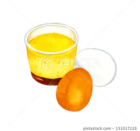 A set of pudding and eggs in a cup. Hand-drawn watercolor illustration of egg dishes. 131017228
