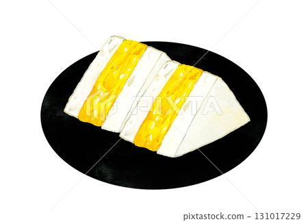 Thick omelet sandwich served on a plate Hand-drawn watercolor illustration of egg dishes 131017229