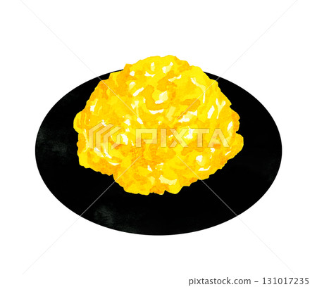 Scrambled eggs served on a plate. Hand-drawn watercolor illustration of egg dishes. 131017235