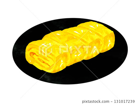 Omelette on a black plate Hand-drawn watercolor illustration of egg dish 131017239