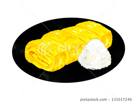 Omelette on a black plate Hand-drawn watercolor illustration of egg dish 131017240