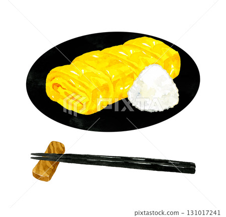 Omelette on a black plate Hand-drawn watercolor illustration of egg dish 131017241