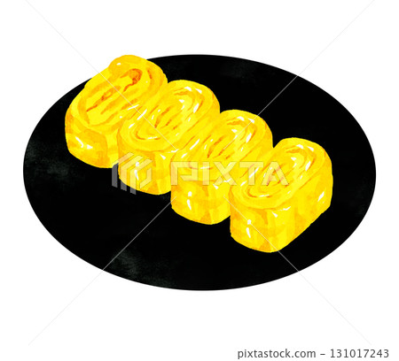 Omelette on a black plate Hand-drawn watercolor illustration of egg dish Omelette on a black plate Hand-drawn watercolor illustration of egg dish 131017243