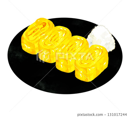 Omelette on a black plate Hand-drawn watercolor illustration of egg dish Omelette on a black plate Hand-drawn watercolor illustration of egg dish 131017244