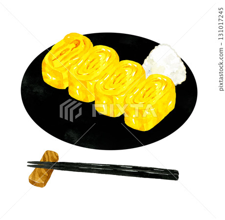 Omelette on a black plate Hand-drawn watercolor illustration of egg dish 131017245