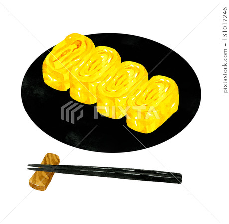 Omelette on a black plate Hand-drawn watercolor illustration of egg dish Omelette on a black plate Hand-drawn watercolor illustration of egg dish 131017246