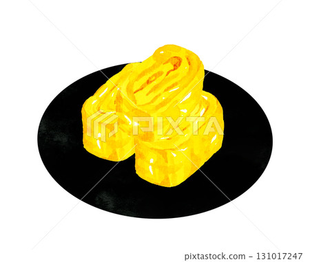 Omelette on a black plate Hand-drawn watercolor illustration of egg dish 131017247