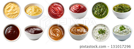 Set of different flavour sauce dip ketchup in white bowl saucer, side top view, on transparent cutout PNG. bbq barbecue, caramel, cheese, tomato ketchup, pesto, tartar flavour. Mockup template 131017296