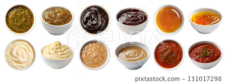 Set of different flavour sauce dip ketchup in white bowl saucer, side top view, on transparent cutout PNG. Honey maple, mayonnaise mayo, Chutney, chocolate, peanut, marinara flavour. Mockup 131017298
