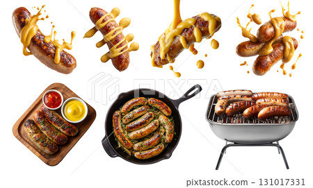 Set of bratwurst sausage frankfurter frank wiener ground mince meat, pork beef chicken, skillet pan, bbq grill, serve wood board, drip spread mustard on transparent cutout PNG. Mockup 131017331