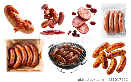 Set of frankfurter frank wiener bratwurst sausage ground mince meat, pork beef chicken, bbq sauce, takeaway box seal bag, grill, bundle stack on transparent cutout PNG. Mockup template 131017332