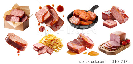 Set of Spam luncheon processed preserved meat, serving wooden board, skillet pan, pork chicken, ketchup BBQ sauce pasta, takeaway box, sliced, isolated on transparent cutout PNG. Mockup 131017373