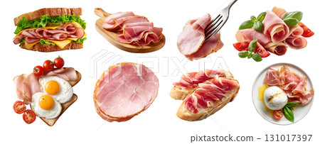 Set of Parma ham Prosciutto fermented processed cured meat, turkey pork, fork, sandwich, breakfast, burrata cheese, serve board, sliced pile stack isolated on transparent cutout PNG. Mockup Set of Parma ham Prosciutto fermented processed cured meat, turkey pork, fork, sandwich, breakfast, burrata cheese, serve board, sliced pile stack isolated on transparent cutout PNG. Mockup 131017397