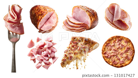 Set of Parma ham Prosciutto fermented processed cured meat, turkey pork, fork, pizza, pieces sliced pile stack isolated on transparent cutout PNG. Mockup template Set of Parma ham Prosciutto fermented processed cured meat, turkey pork, fork, pizza, pieces sliced pile stack isolated on transparent cutout PNG. Mockup template 131017427