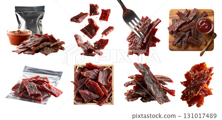 Set of meat jerky, beef pork chicken turkey, sealed plastic pack, flying, fork, serve board, bbq sauce, box, bundle sliced pile stack on transparent cutout PNG. Mockup template Set of meat jerky, beef pork chicken turkey, sealed plastic pack, flying, fork, serve board, bbq sauce, box, bundle sliced pile stack on transparent cutout PNG. Mockup template 131017489