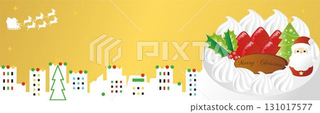 聖誕橫幅。聖誕老人飛翔的夜空、蛋糕和城市景觀的插圖。框架。背景素材。 131017577