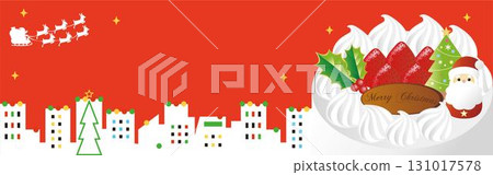 聖誕橫幅。聖誕老人飛翔的夜空、蛋糕和城市景觀的插圖。框架。背景素材。 131017578