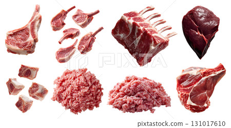 Set of fresh raw red meat, goat steak beef pork venison lamb t-bone rib rack, sliced pile minced ground isolated on transparent cutout PNG. Many different cut. Mockup template 131017610