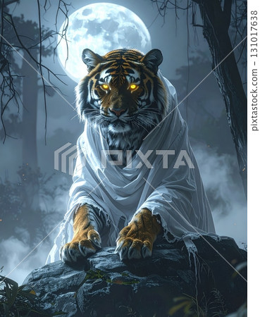 A wild white Siberian tiger, a big striped feline predator, is in the snow and water A wild white Siberian tiger, a big striped feline predator, is in the snow and water 131017638