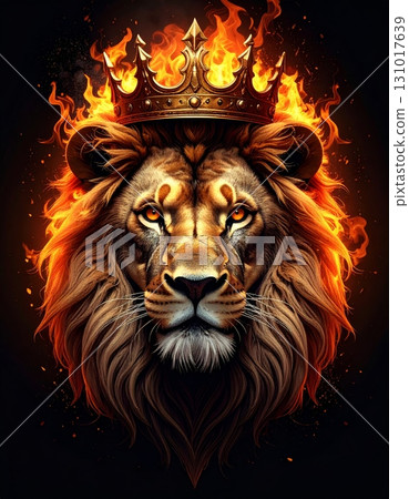 Roaring lion king face on black with a fiery Roaring lion king face on black with a fiery 131017639