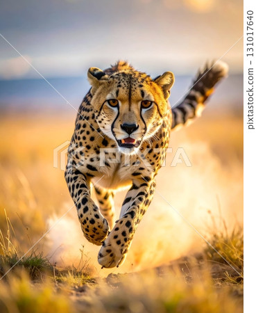 A wild spotted big cat, a leopard, rests in a tree while a cheetah hunts on the Serengeti safari 131017640