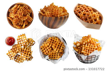 Criss cut waffle potato fries, many angles and view pile, metal tray, paper boat, tomato ketchup, bowl, baked fried on transparent cutout, PNG file. Mockup template for artwork 131017722